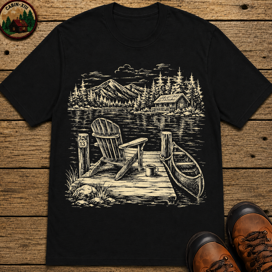 Lakeside Dock — Vintage Lake Cabin and Canoe Sketch Tee
