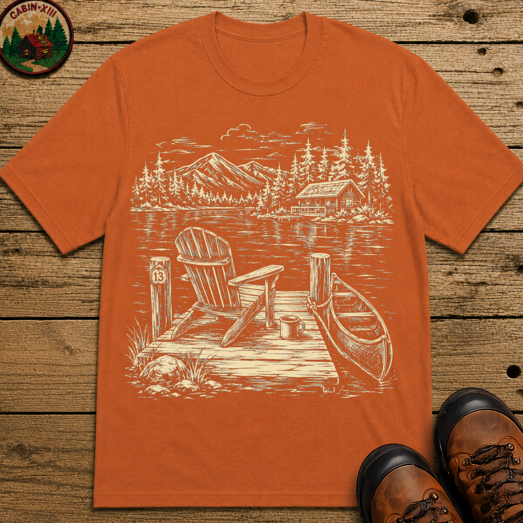 Lakeside Dock — Vintage Lake Cabin and Canoe Sketch Tee