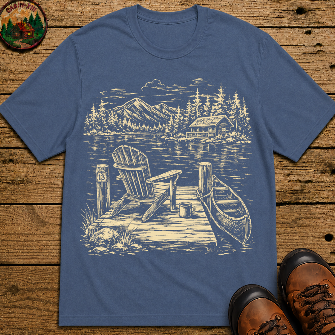 Lakeside Dock — Vintage Lake Cabin and Canoe Sketch Tee