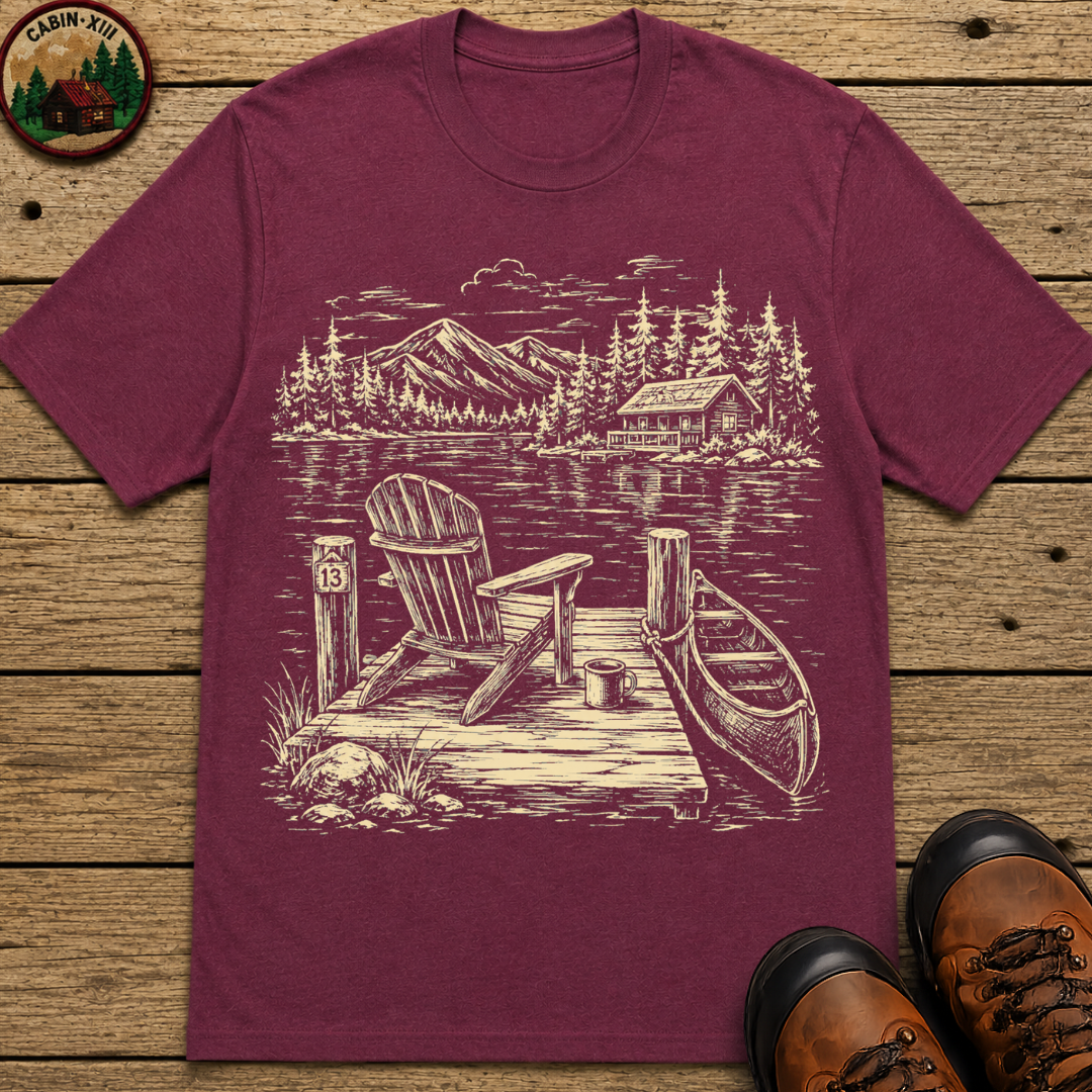 Lakeside Dock — Vintage Lake Cabin and Canoe Sketch Tee