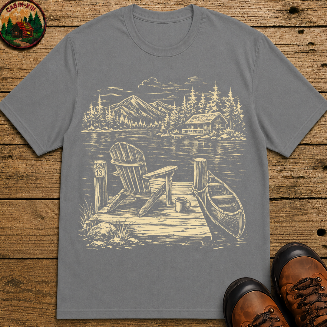 Lakeside Dock — Vintage Lake Cabin and Canoe Sketch Tee