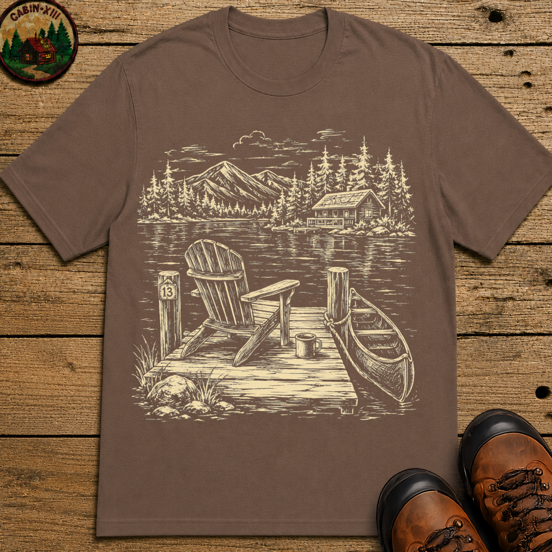 Lakeside Dock — Vintage Lake Cabin and Canoe Sketch Tee