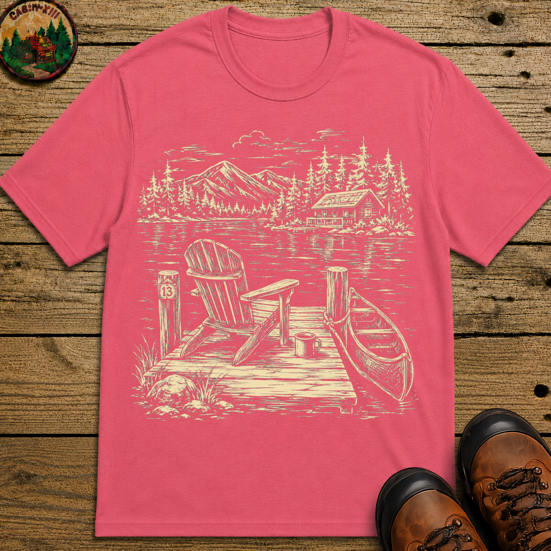 Lakeside Dock — Vintage Lake Cabin and Canoe Sketch Tee