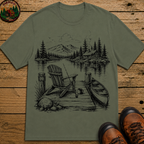 Lakeside Dock — Vintage Lake Cabin Fishing Sketch Tee