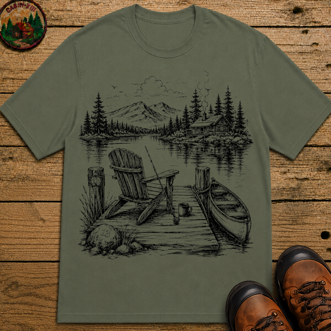 Lakeside Dock — Vintage Lake Cabin Fishing Sketch Tee