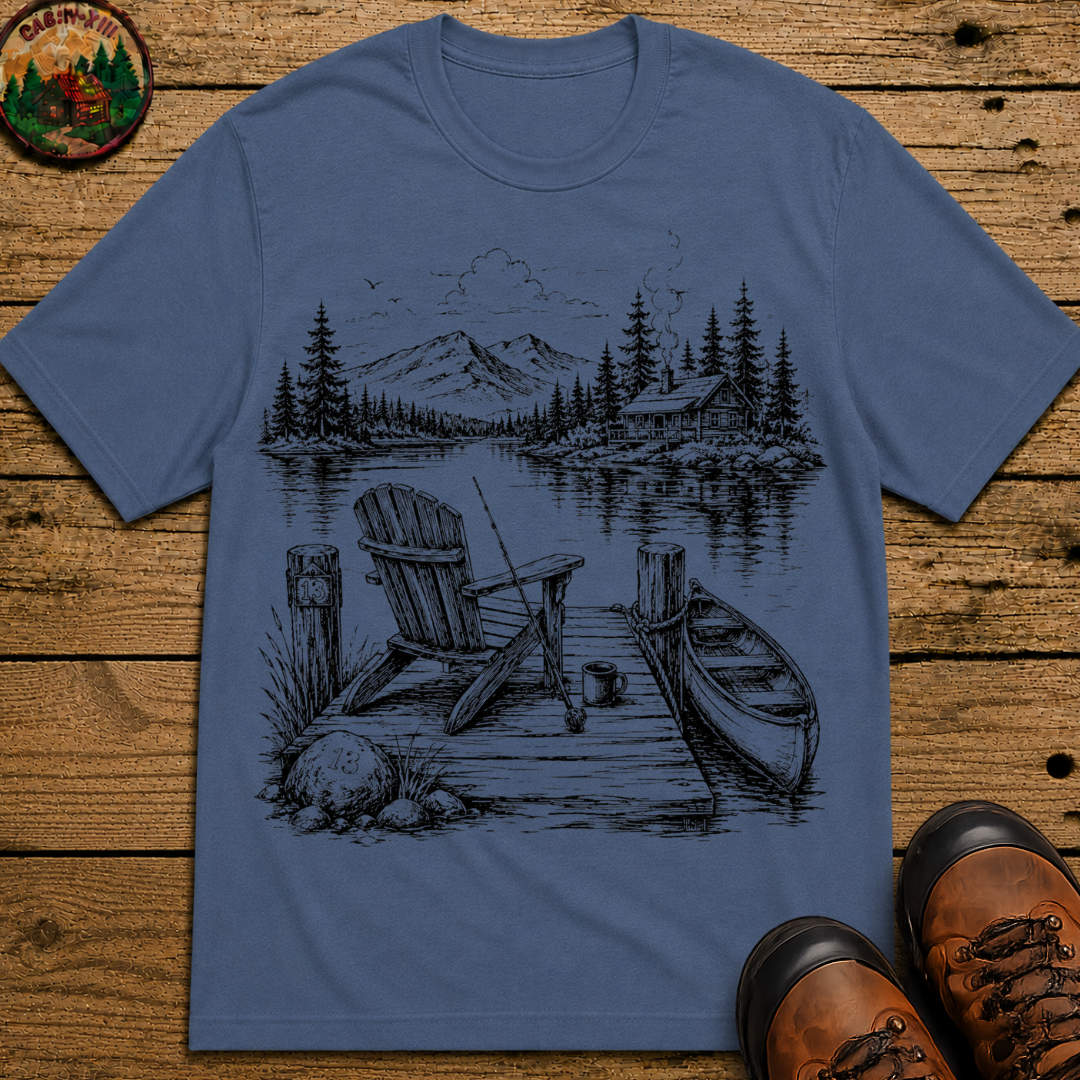 Lakeside Dock — Vintage Lake Cabin Fishing Sketch Tee