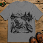 Lakeside Dock — Vintage Lake Cabin Fishing Sketch Tee