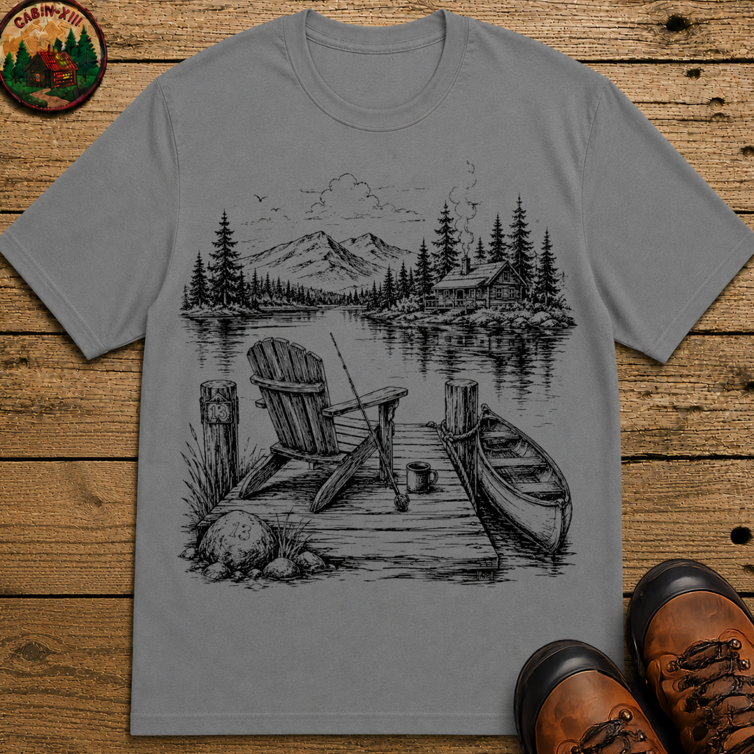 Lakeside Dock — Vintage Lake Cabin Fishing Sketch Tee