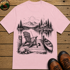Lakeside Dock — Vintage Lake Cabin Fishing Sketch Tee