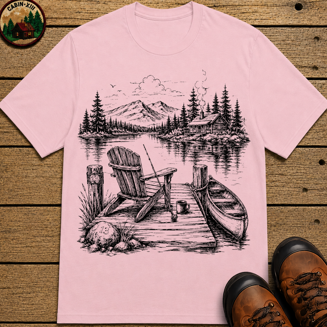 Lakeside Dock — Vintage Lake Cabin Fishing Sketch Tee