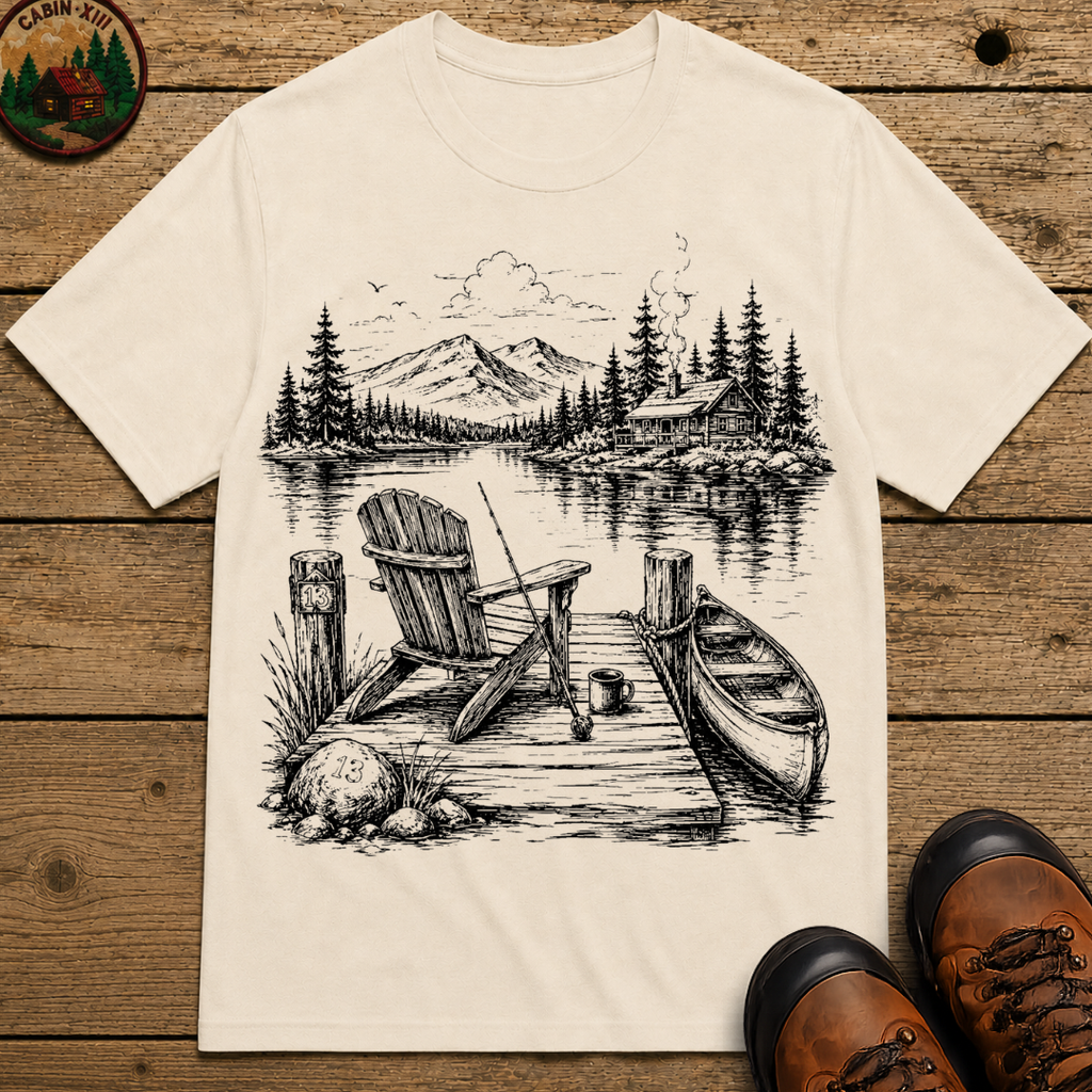 Lakeside Dock — Vintage Lake Cabin Fishing Sketch Tee