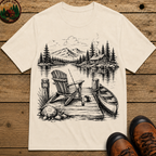 Lakeside Dock — Vintage Lake Cabin Fishing Sketch Tee