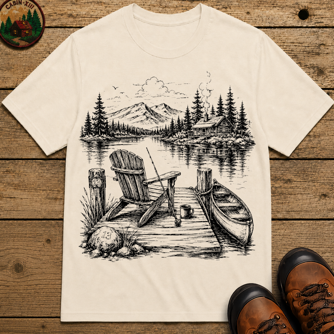 Lakeside Dock — Vintage Lake Cabin Fishing Sketch Tee