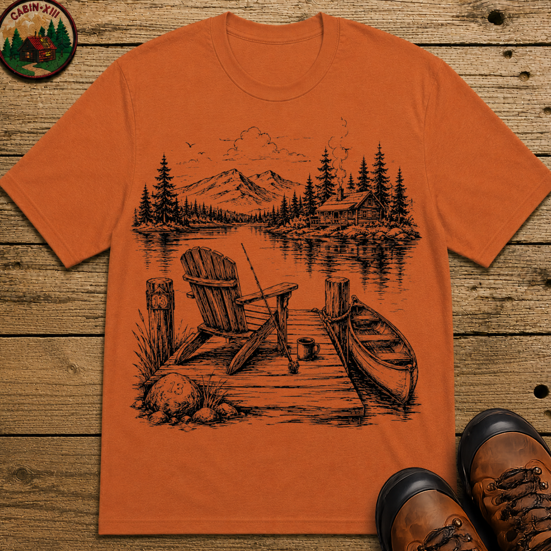 Lakeside Dock — Vintage Lake Cabin Fishing Sketch Tee
