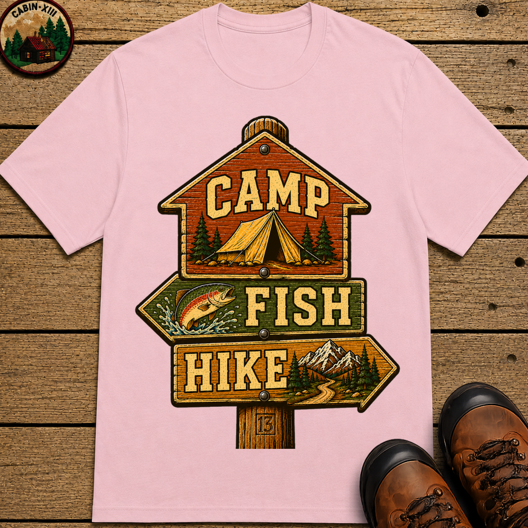 Camp Fish Hike — Vintage Trailhead Sign Outdoor Tee