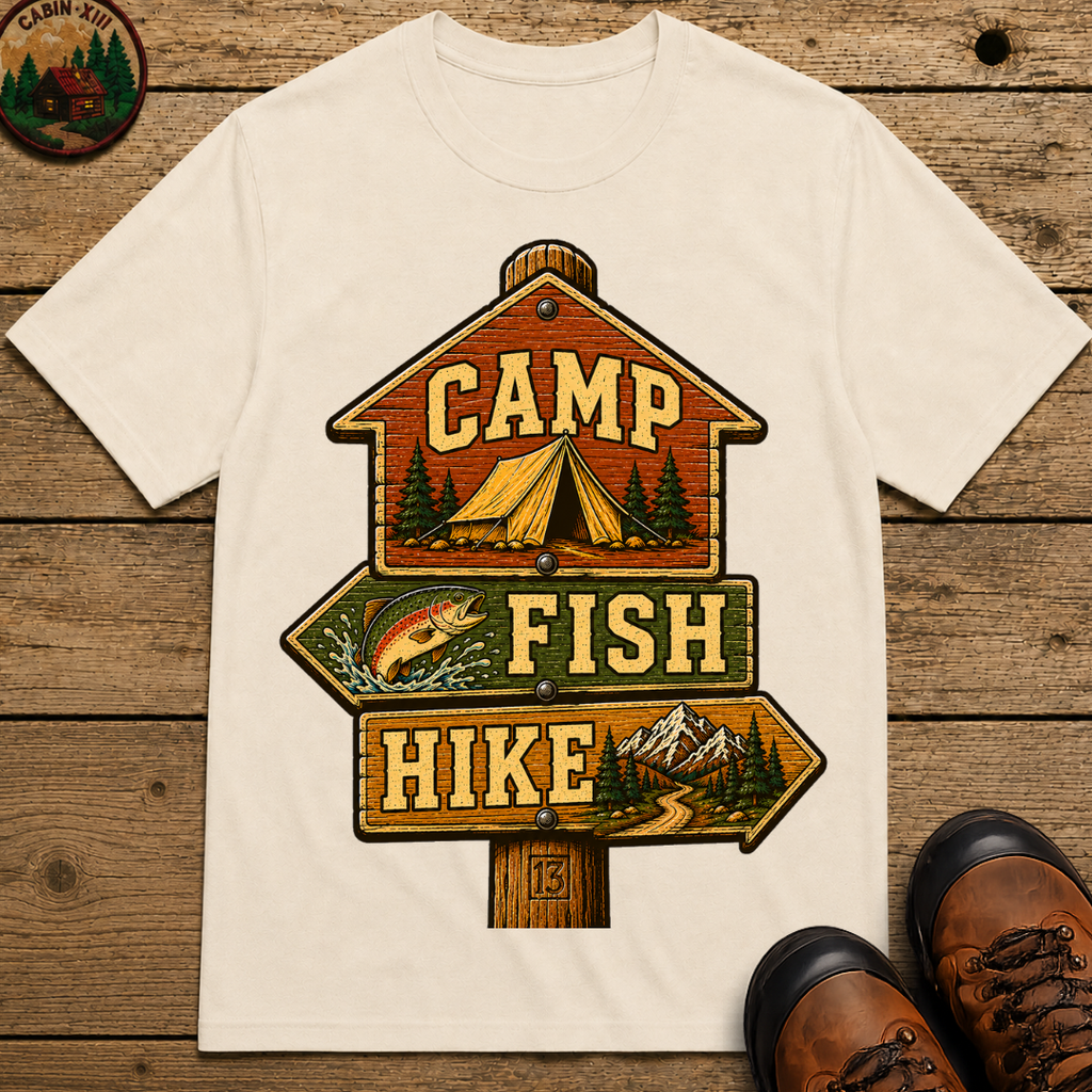 Camp Fish Hike — Vintage Trailhead Sign Outdoor Tee