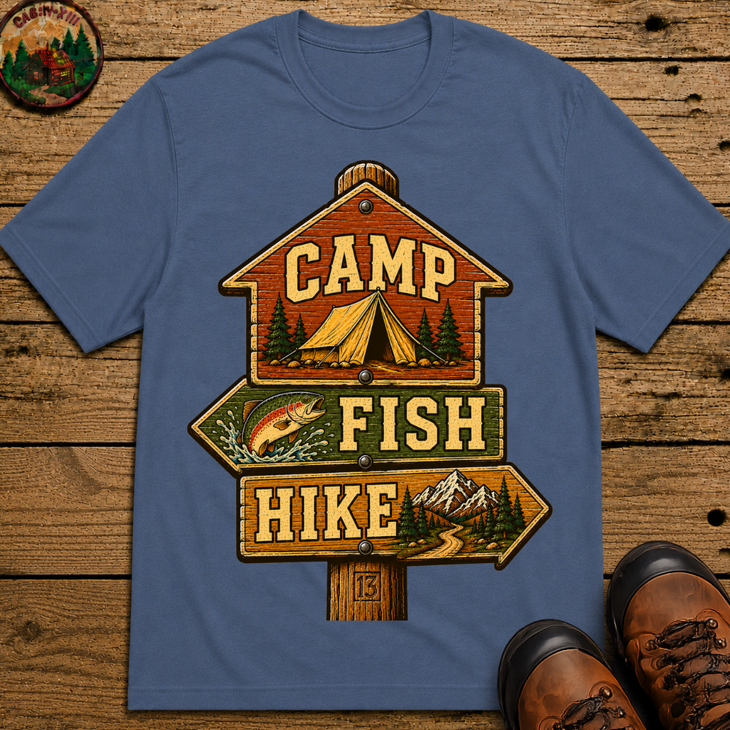 Camp Fish Hike — Vintage Trailhead Sign Outdoor Tee
