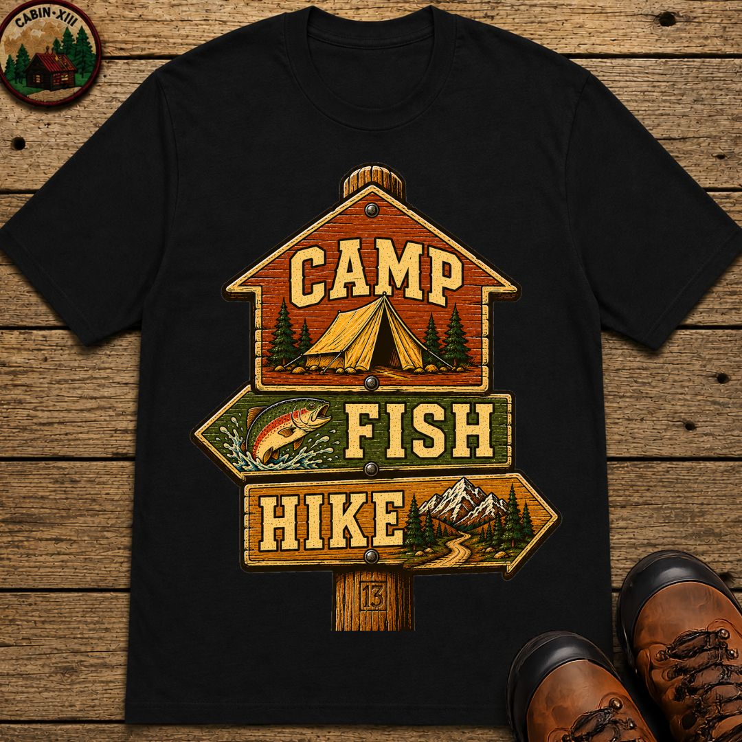 Camp Fish Hike — Vintage Trailhead Sign Outdoor Tee
