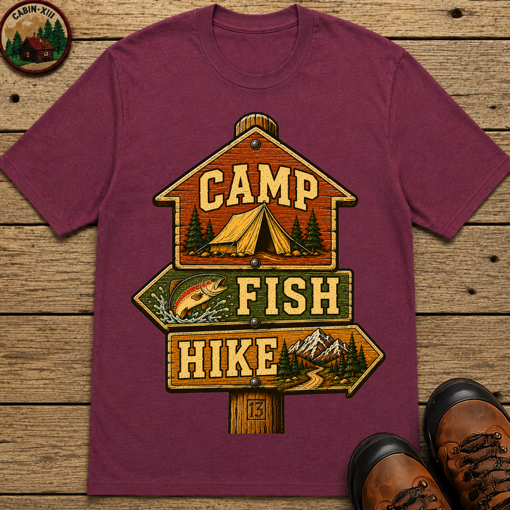 Camp Fish Hike — Vintage Trailhead Sign Outdoor Tee