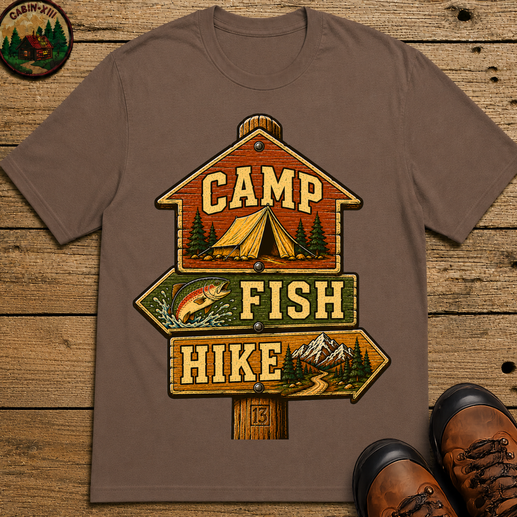 Camp Fish Hike — Vintage Trailhead Sign Outdoor Tee