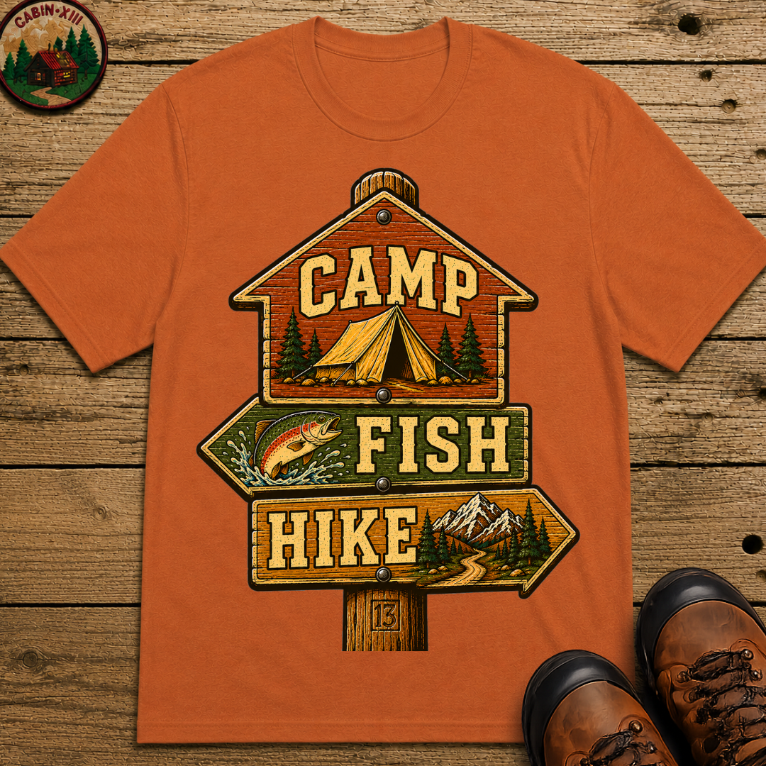 Camp Fish Hike — Vintage Trailhead Sign Outdoor Tee
