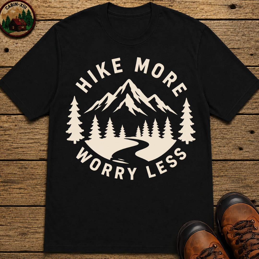 Hike More Worry Less — Vintage Mountain Badge Hiking Tee