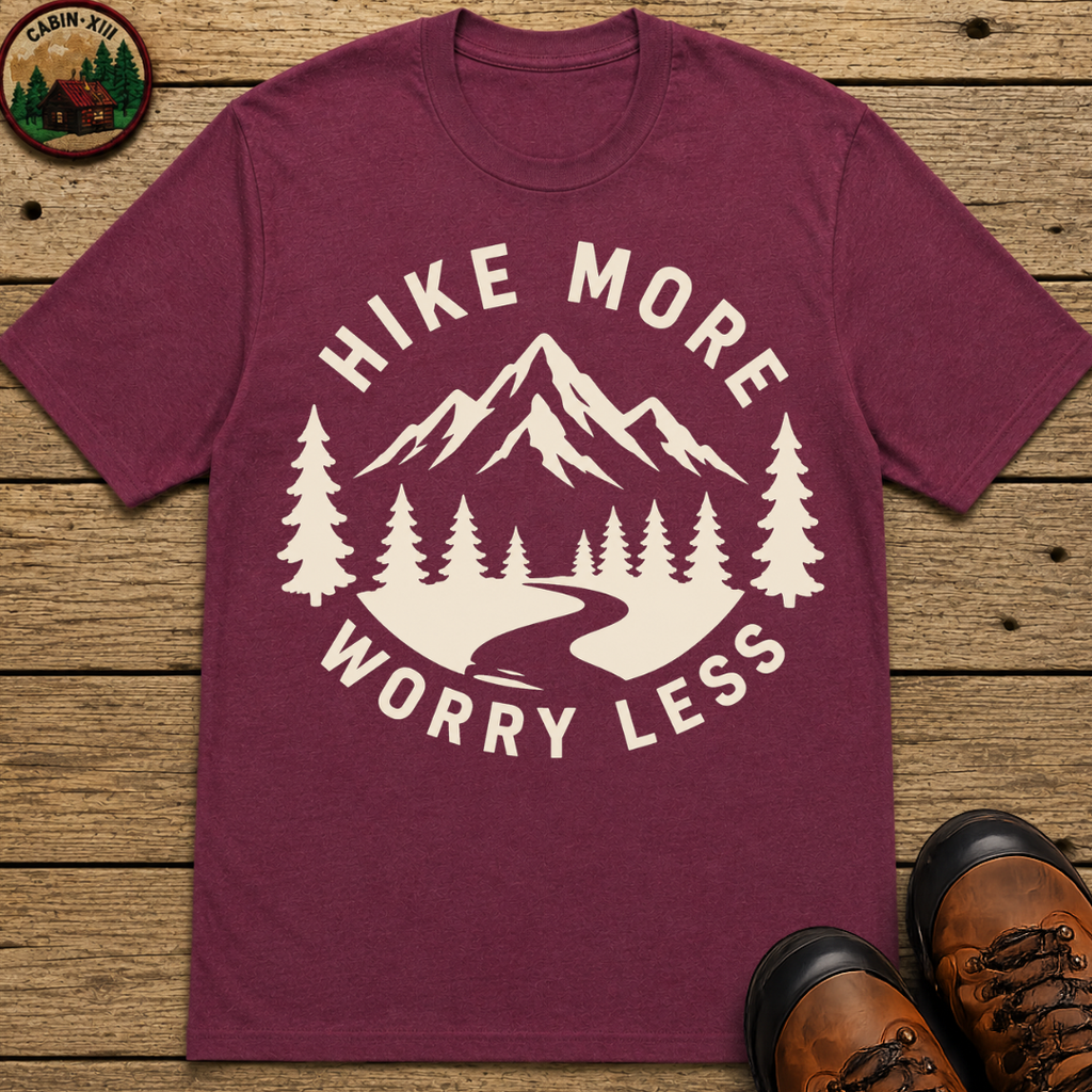 Hike More Worry Less — Vintage Mountain Badge Hiking Tee