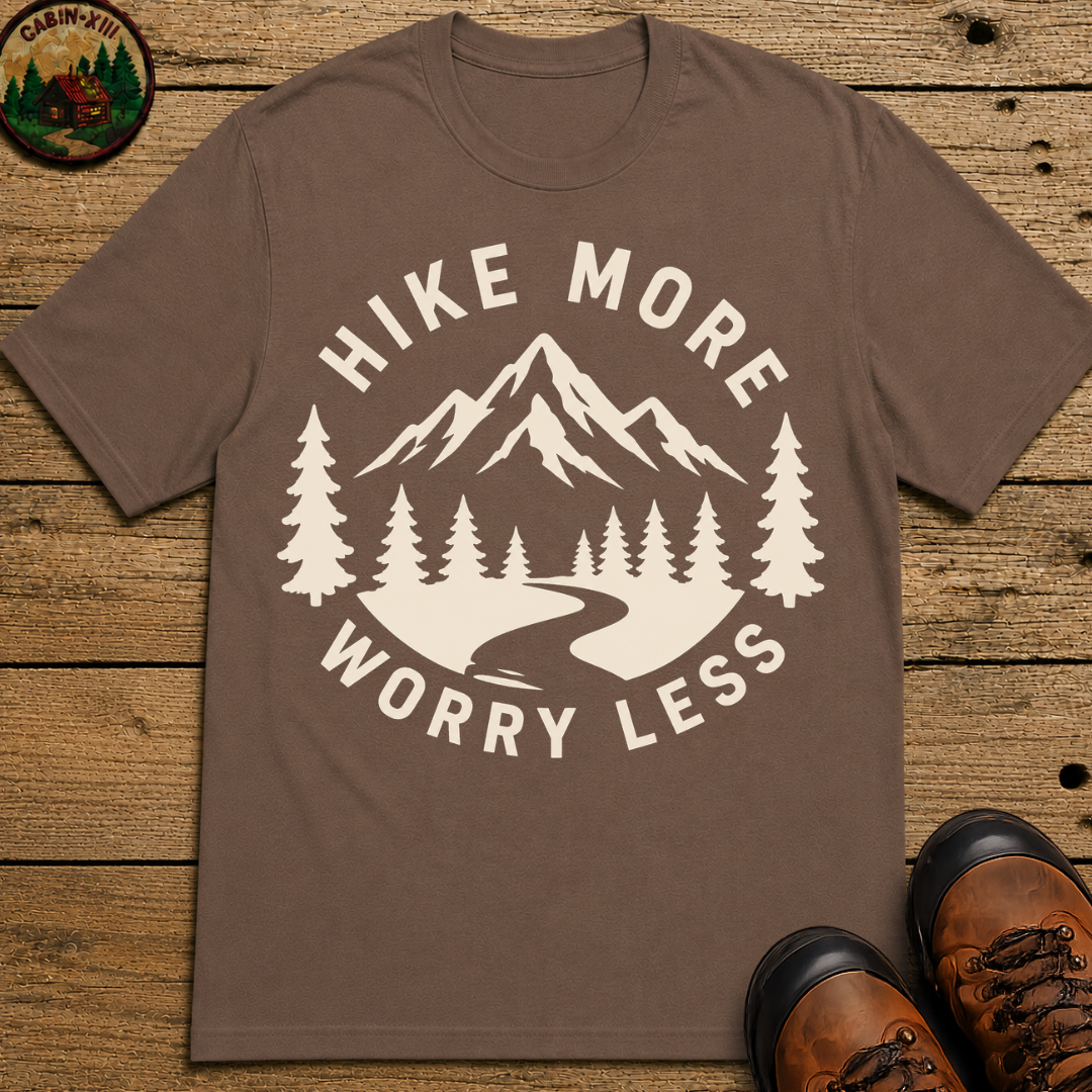 Hike More Worry Less — Vintage Mountain Badge Hiking Tee