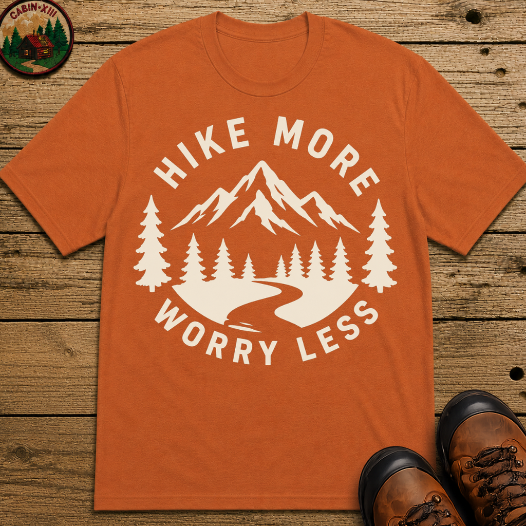 Hike More Worry Less — Vintage Mountain Badge Hiking Tee