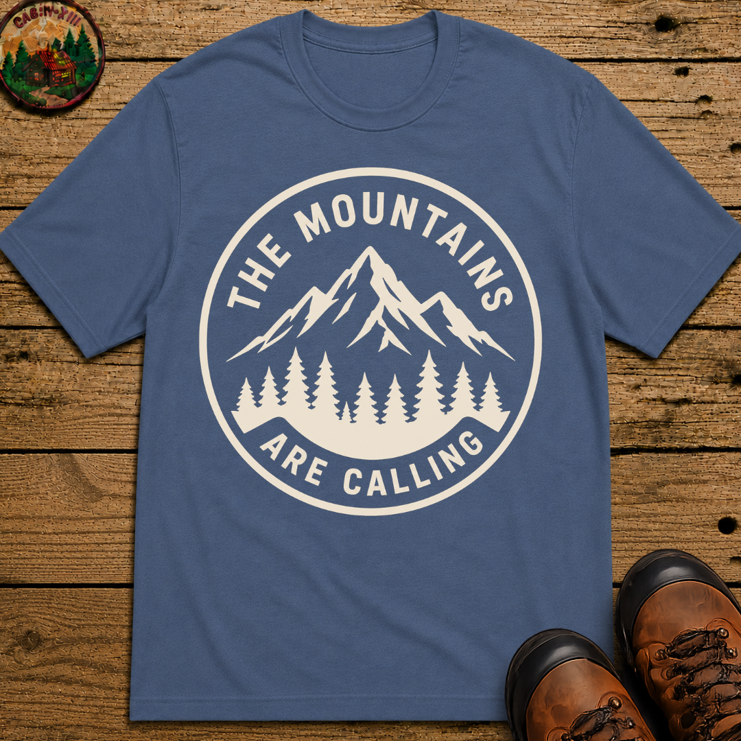 The Mountains Are Calling — Vintage Hiking Outdoor Badge Tee