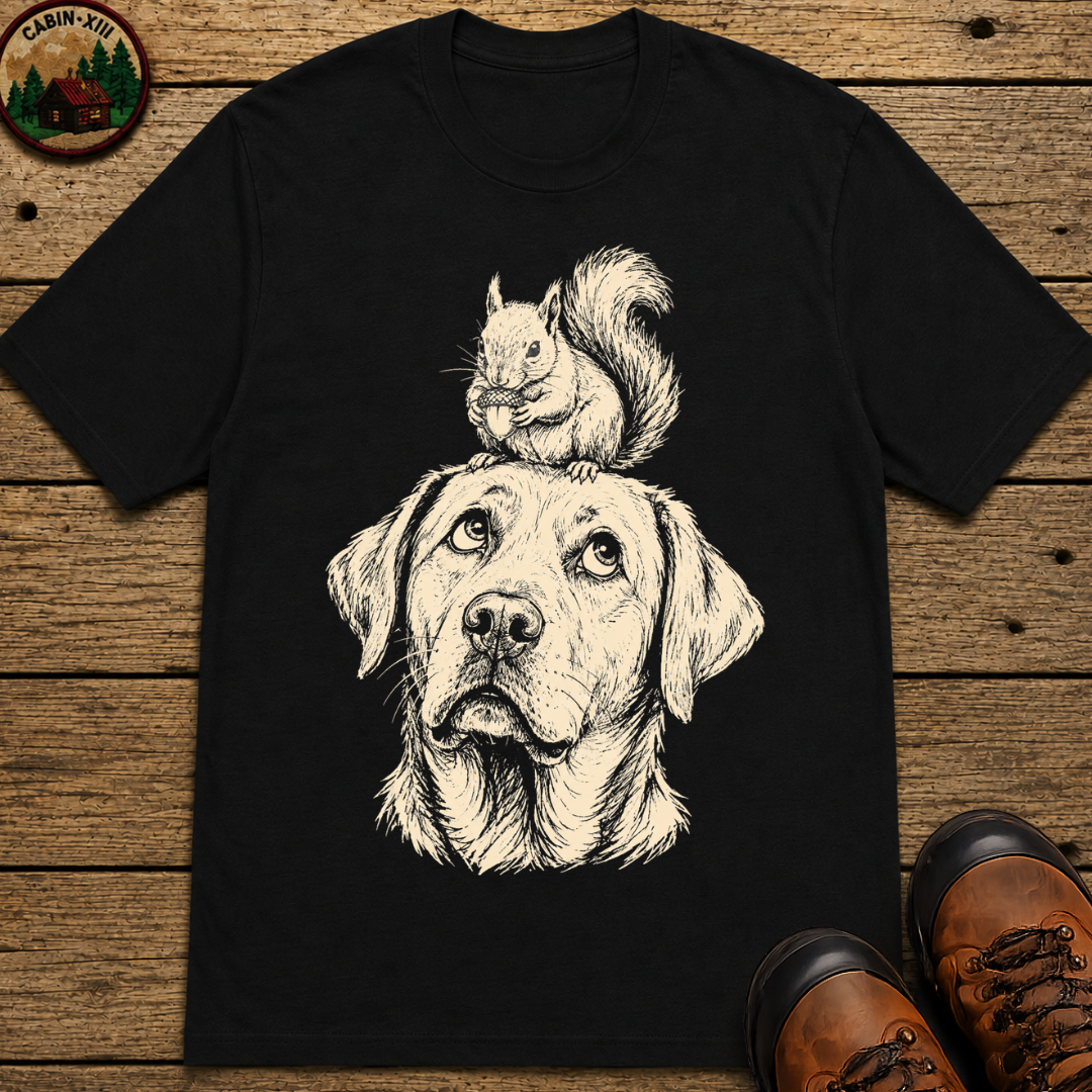 Dog and Squirrel — Vintage Sketch Outdoor Dog Tee