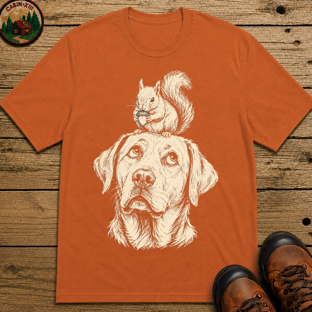 Dog and Squirrel — Vintage Sketch Outdoor Dog Tee