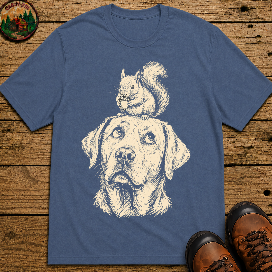 Dog and Squirrel — Vintage Sketch Outdoor Dog Tee