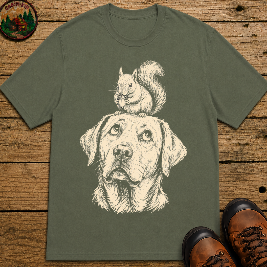 Dog and Squirrel — Vintage Sketch Outdoor Dog Tee