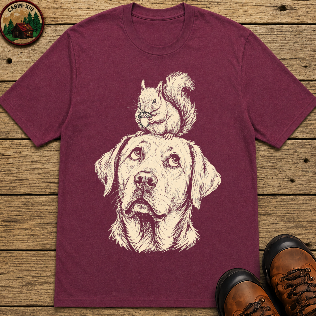 Dog and Squirrel — Vintage Sketch Outdoor Dog Tee