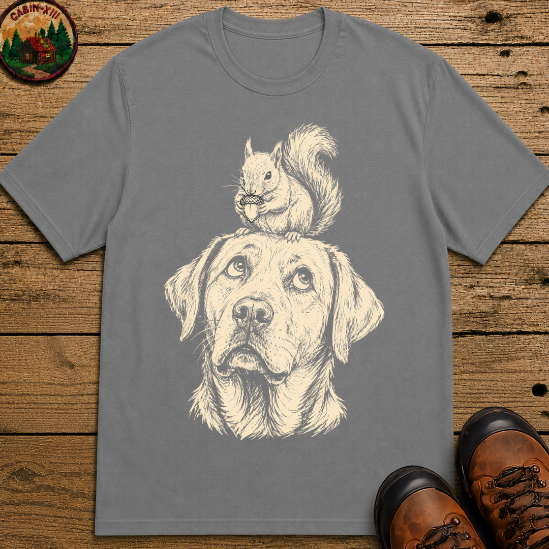 Dog and Squirrel — Vintage Sketch Outdoor Dog Tee
