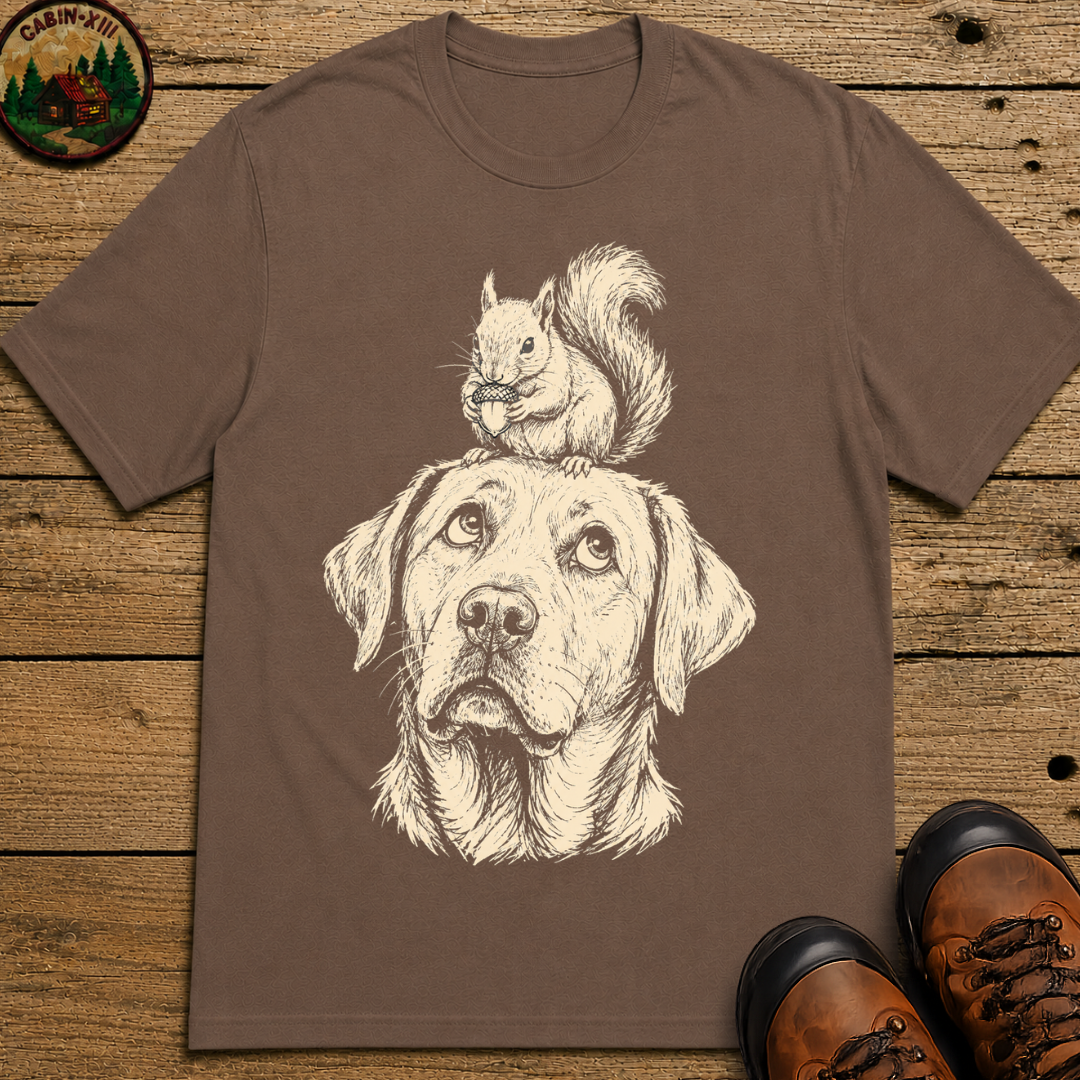 Dog and Squirrel — Vintage Sketch Outdoor Dog Tee