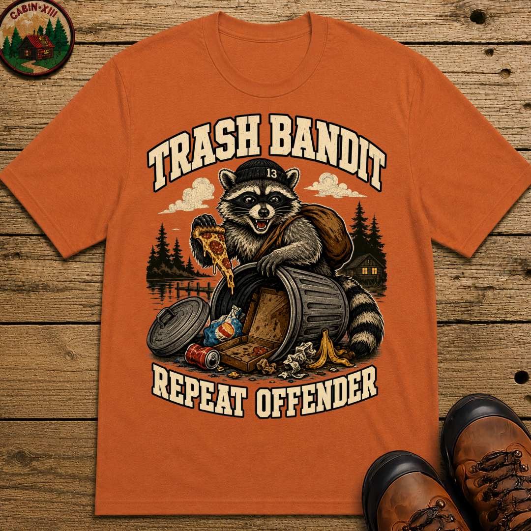Trash Bandit Repeat Offender — Funny Raccoon Camping Tee