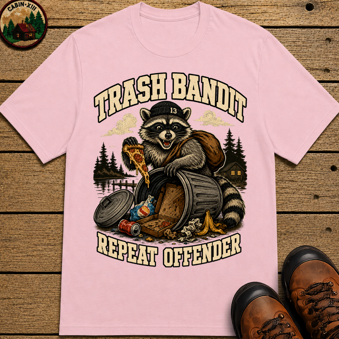Trash Bandit Repeat Offender — Funny Raccoon Camping Tee