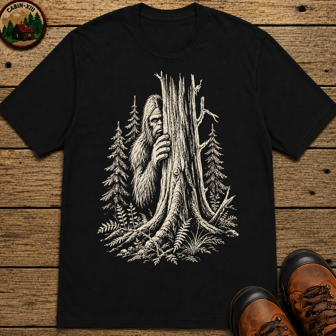 Bigfoot Hiding — Vintage Sasquatch Forest Sketch Tee