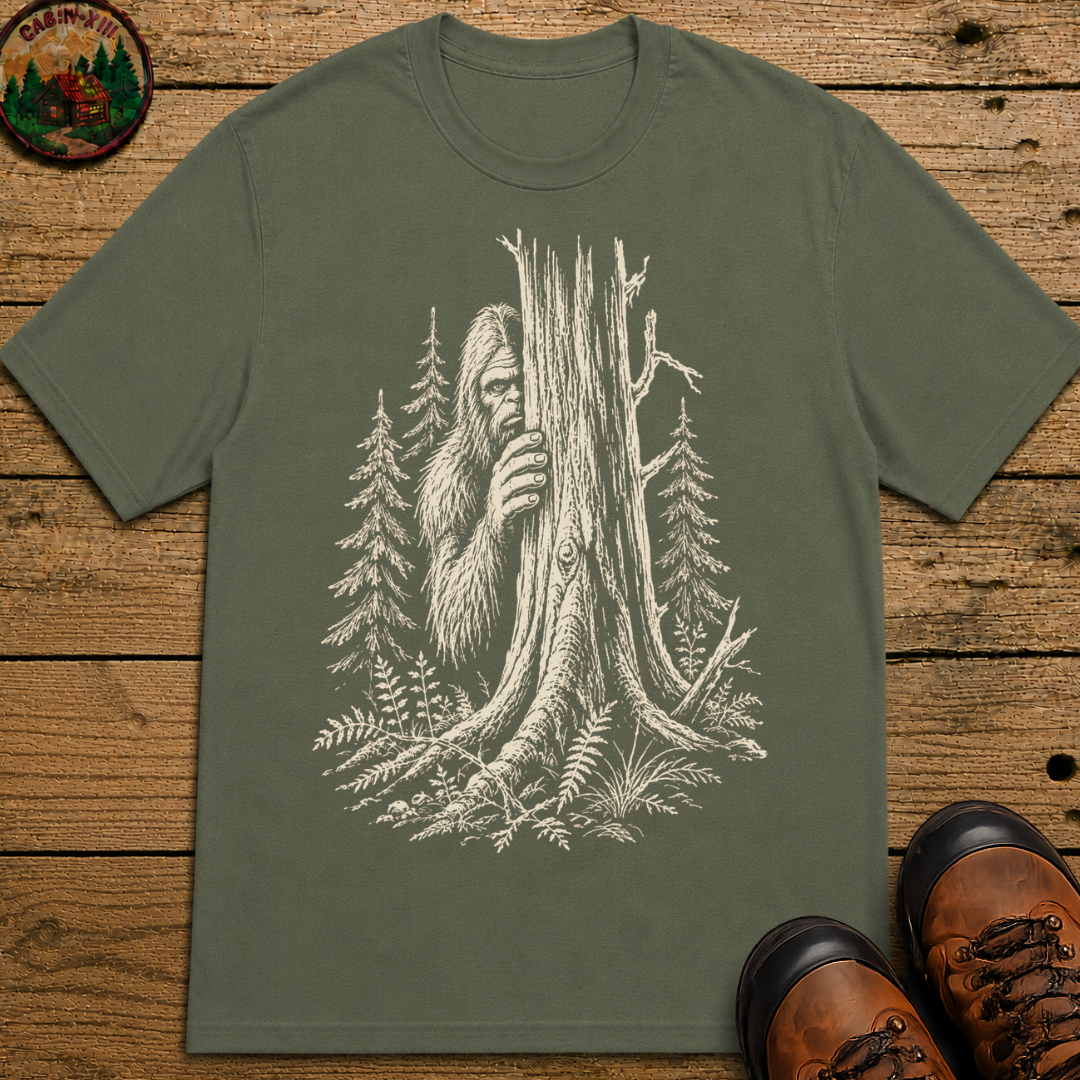 Bigfoot Hiding — Vintage Sasquatch Forest Sketch Tee