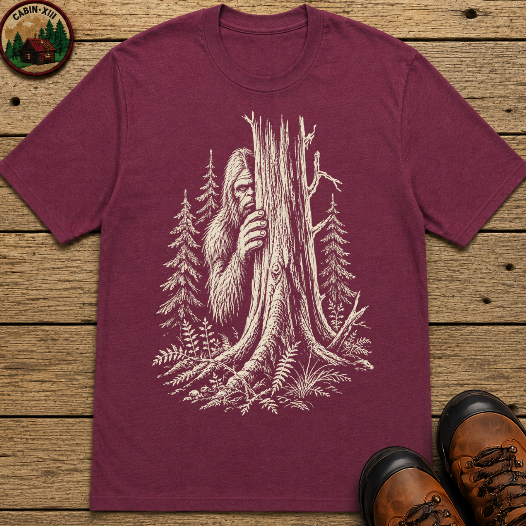 Bigfoot Hiding — Vintage Sasquatch Forest Sketch Tee
