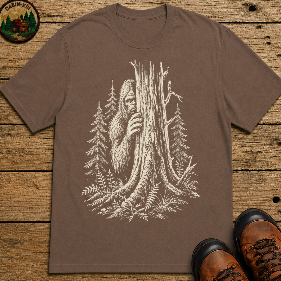 Bigfoot Hiding — Vintage Sasquatch Forest Sketch Tee