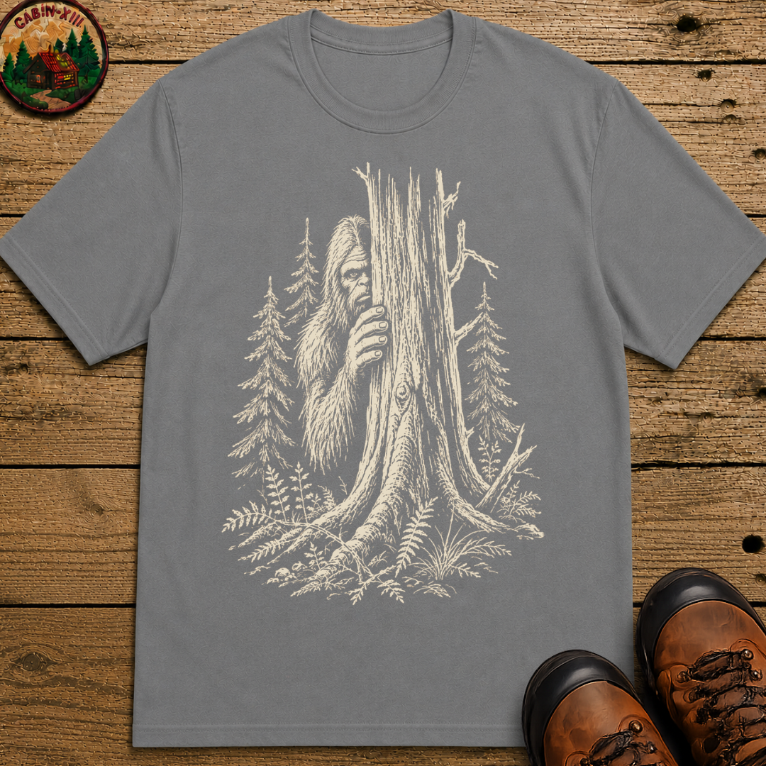 Bigfoot Hiding — Vintage Sasquatch Forest Sketch Tee