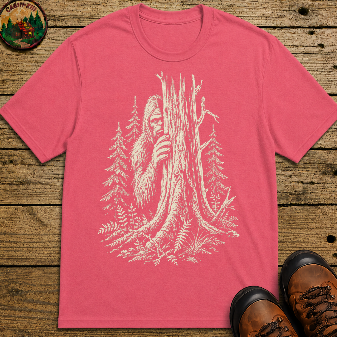 Bigfoot Hiding — Vintage Sasquatch Forest Sketch Tee