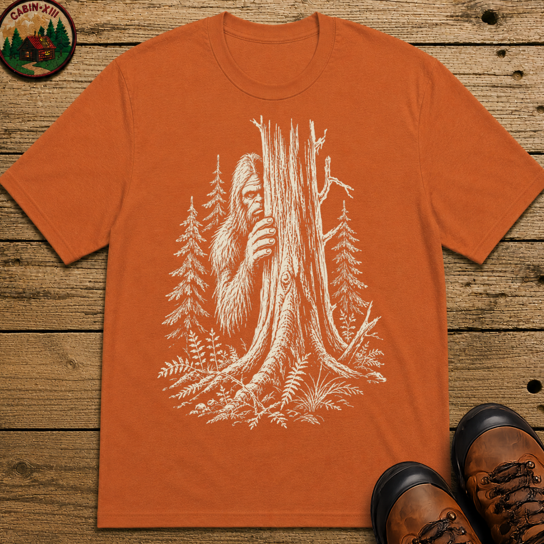 Bigfoot Hiding — Vintage Sasquatch Forest Sketch Tee