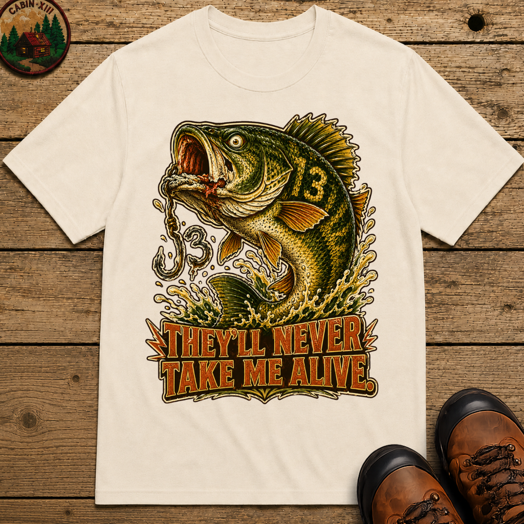 They'll Never Take Me Alive — Funny Bass Fishing Humor Tee
