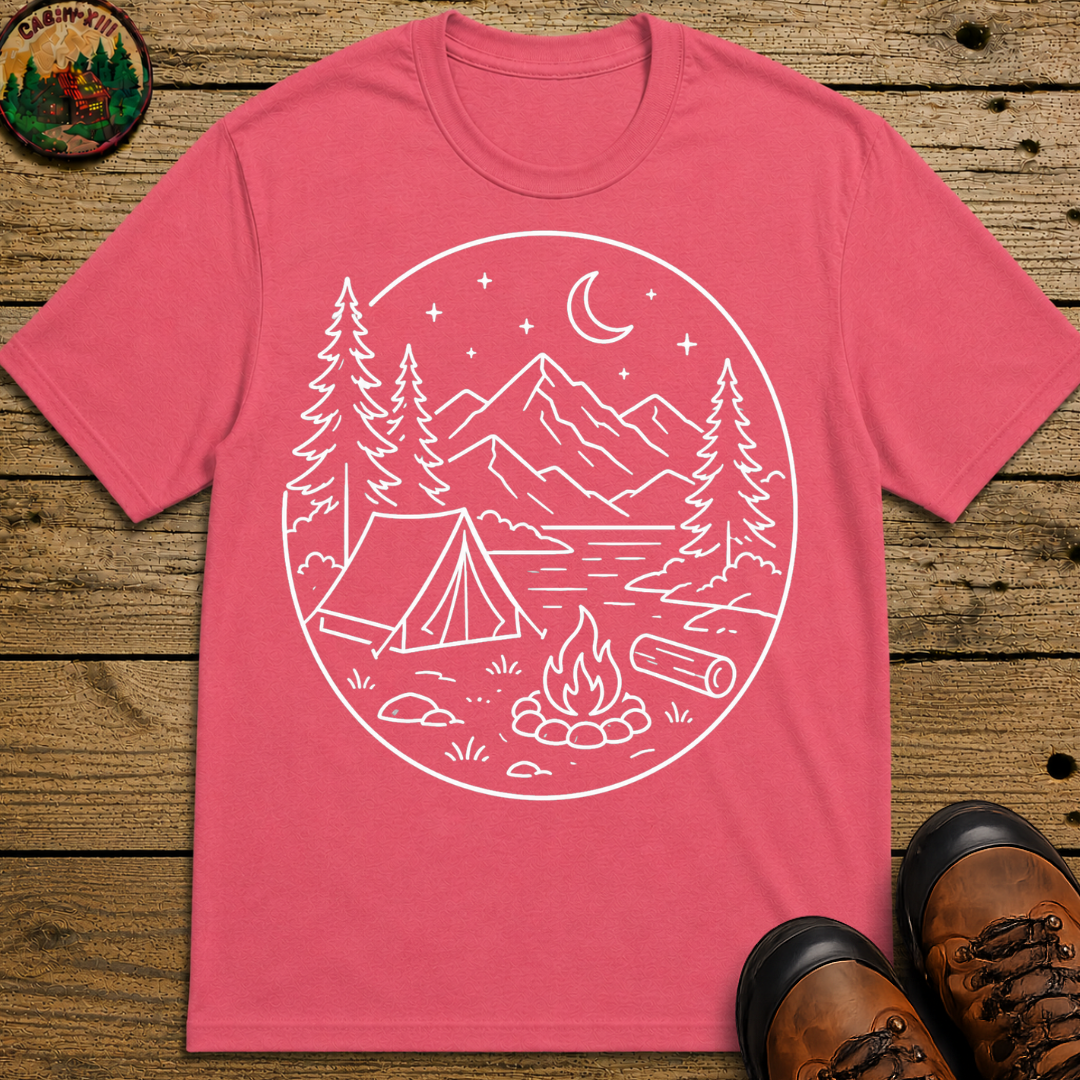 Mountain Campsite Night Scene Shirt — Cream Ink Camping Tee
