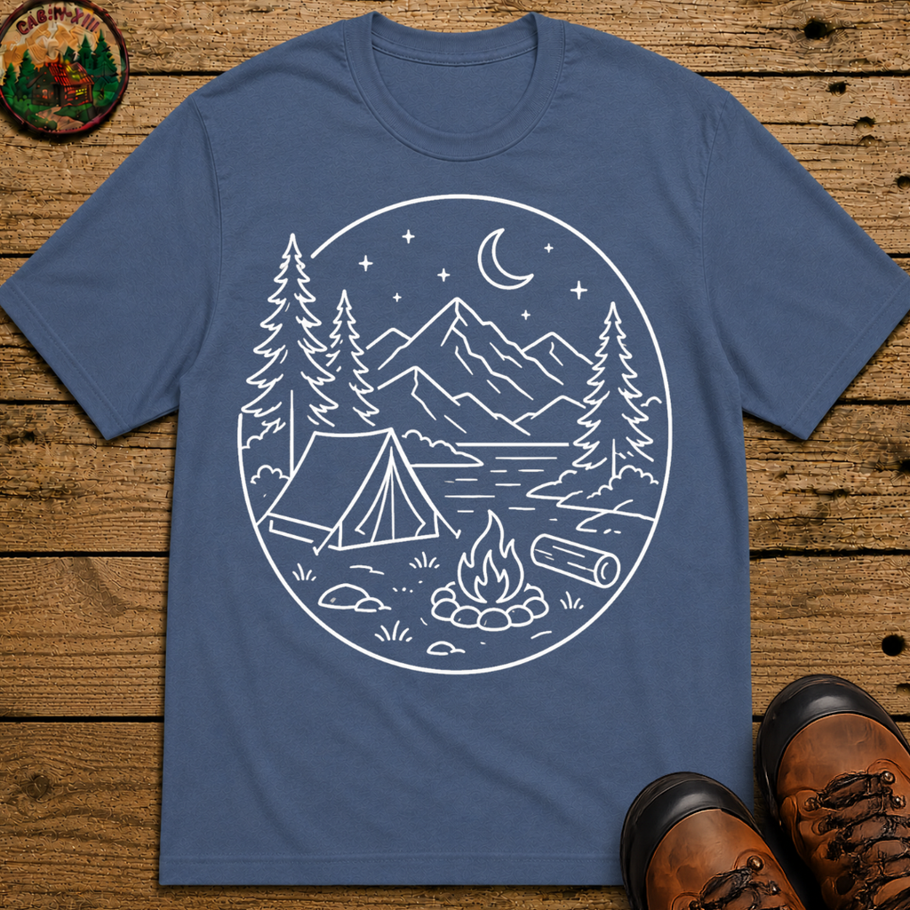 Mountain Campsite Night Scene Shirt — Cream Ink Camping Tee