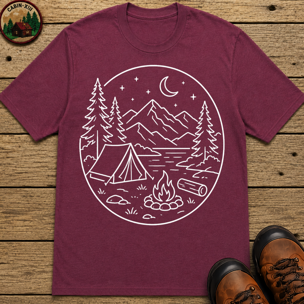 Mountain Campsite Night Scene Shirt — Cream Ink Camping Tee
